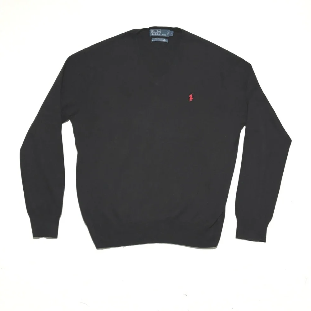 Polo Ralph Lauren V-Neck Sweater Mens L Black Pima Cotton Red Pony Preppy Luxury